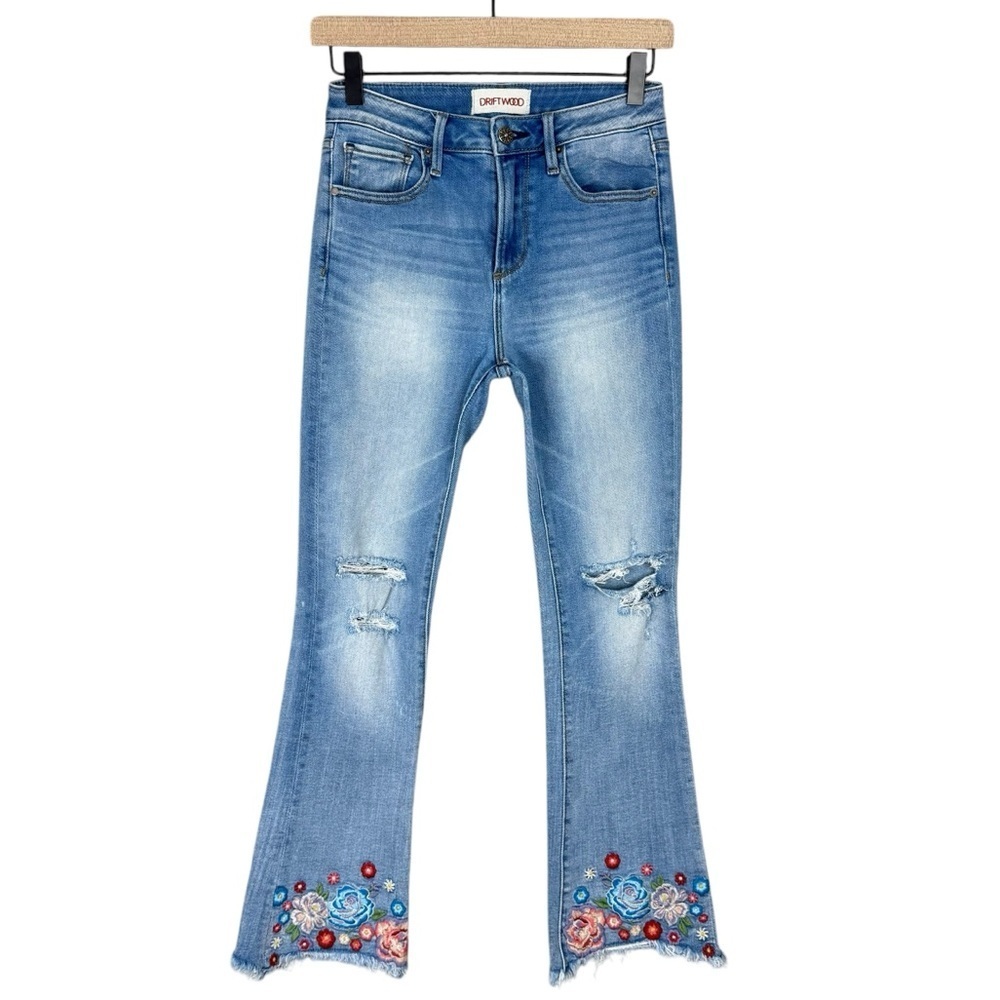 Driftwood Roxy Jeans Womens 25 Embroidered Mid Rise Kick Flare Raw Hem Stretch